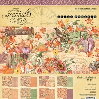 Folhas decorativas scrapbooking Graphic 45 coleção Hello Pumpkin com ilustrações de abóboras e flores outonais
