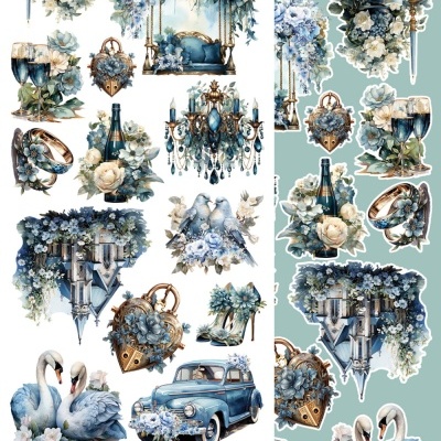 Coleção de autocolantes decorativos com temas florais e românticos em azul e branco