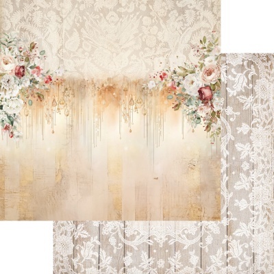 Papel de parede ou tecido decorativo com padrão floral e detalhes em renda branca.