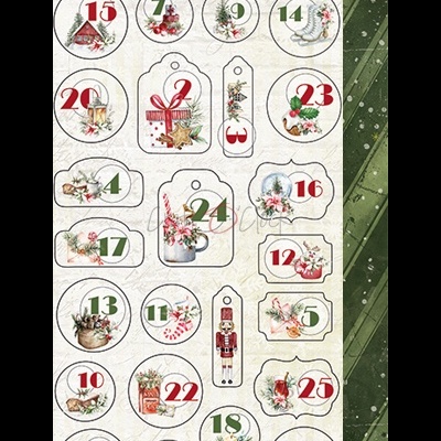 Etiquetas de Natal com números e ilustrações festivas em fundo branco texturizado