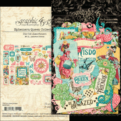 Embalagem de recortes de papel para scrapbooking Ephemera Queen da Graphic 45, com desenhos vintage coloridos e texto decorativo