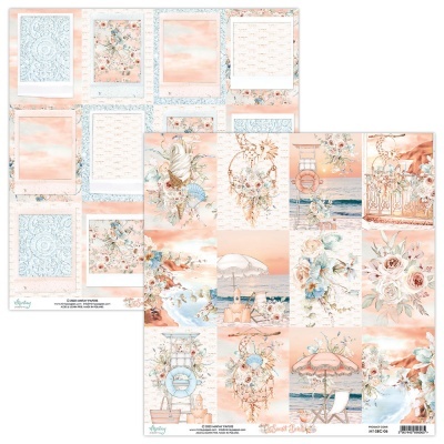 Folhas de scrapbook com designs de praia e flores em tons suaves de azul, bege e rosa salmão