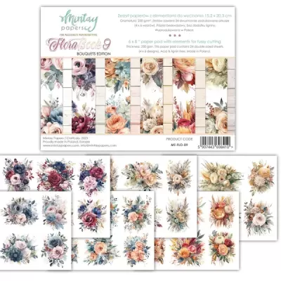 Bloco de papel decorativo com arranjos florais variados em cores vivas e suaves.