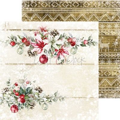 Papel ou tecido decorativo natalício com flores, pinhas, bolas e padrão de linhas e renas em castanho e branco.