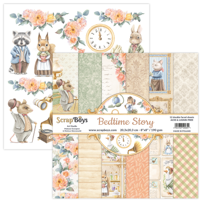 Papel decorativo Scrap Boys Bedtime Story com desenhos de animais vintage, flores e padrões variados em tons pastel