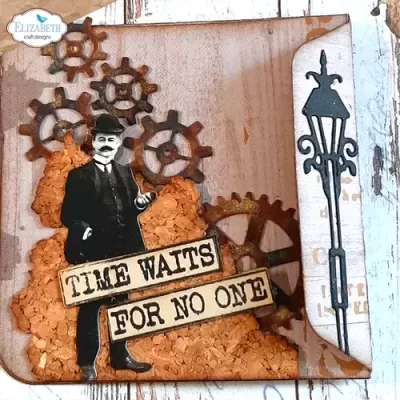 Cartão decorativo steampunk com cortiça, engrenagens metálicas, figura vintage e texto em inglês