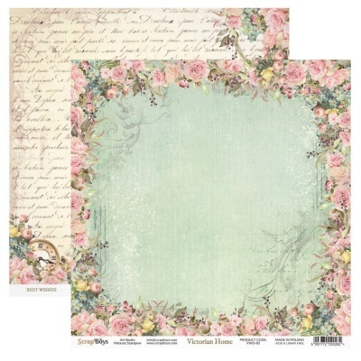 Papel decorativo vintage com moldura floral rosa e fundo verde menta