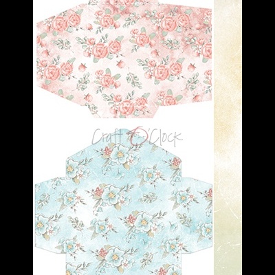 Dois moldes de caixas hexagonais com padrão floral cor de rosa e azul claro