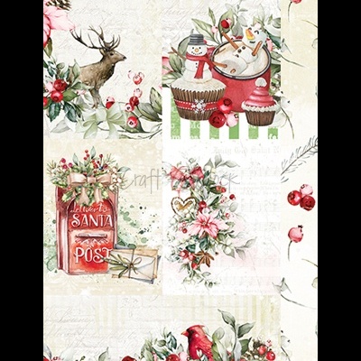 Papel decorativo natalício com veado, cupcake, caixa de correio 