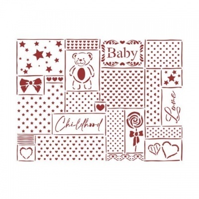 Design com padrões e palavras em cor vinho sobre fundo branco