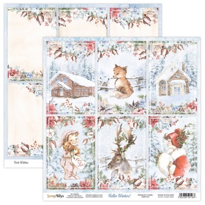 Papel decorativo de inverno com desenhos de casinhas, animais e personagem de Natal