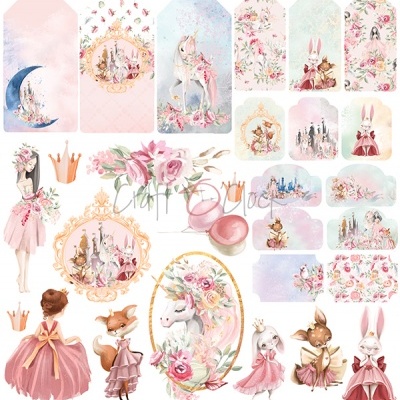 ilustrações em papel de fantasia com crianças, animais vestidos, coroas, flores, castelo e unicórnio em tons pastéis