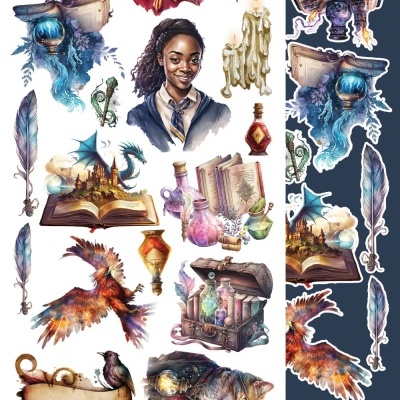 Autocolantes com ilustrações de fantasia incluindo personagens, animais fantásticos, livros e poções.