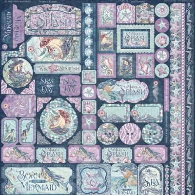 Etiquetas decorativas com tema sereia em azul, rosa e lilás com textos e imagens marinhas.