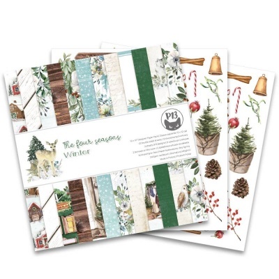 Conjunto de papéis decorativos para scrapbooking com temas de inverno, incluindo elementos naturais e festivos em várias cores.