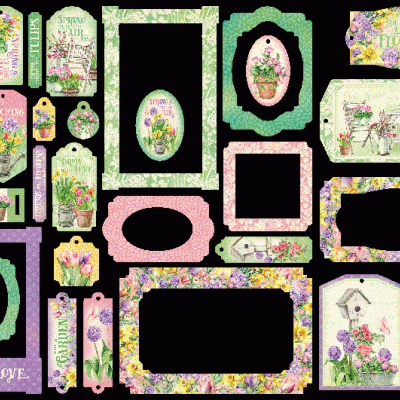 Etiquetas e molduras decorativas florais coloridas em fundo preto