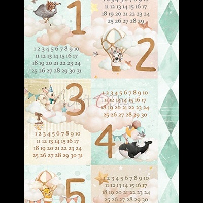 Calendário colorido com animais e números dos meses 1 a 6 sobre nuvens e fundo com padrão geométrico