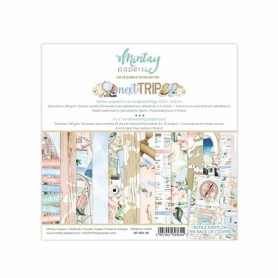 Papéis decorativos para scrapbooking com temas de viagens e cidades em embalagem com texto Montag papers nextTRIP