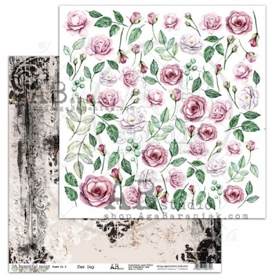 Papel decorativo para scrapbook com padrão floral colorido e verso envelhecido