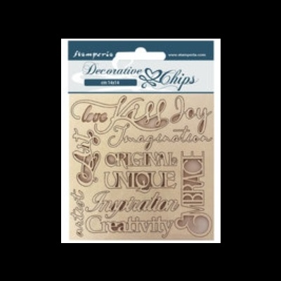 Pacote de chips decorativos da Stamperia com várias palavras em relevo dourado