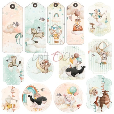 Etiquetas e círculos decorativos com tema infantil em tons pastel