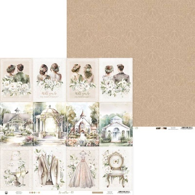 Folha decorativa dupla face para scrapbook com ilustrações de casamento e padrão floral bege