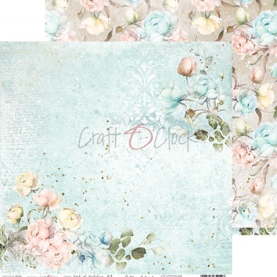 Papel decorativo floral tons pastel com padrão azul e detalhes dourados