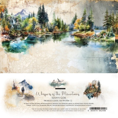 Pintura de paisagem de montanhas, árvores e lago com texto e código do produto na base