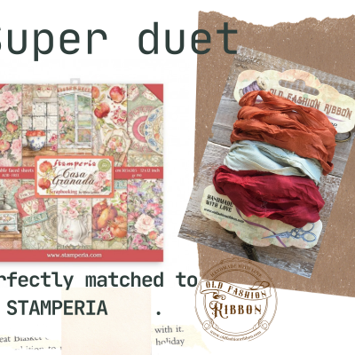 Papel decorativo floral da Stamperia e fitas de tecido vintage coloridas em cartão