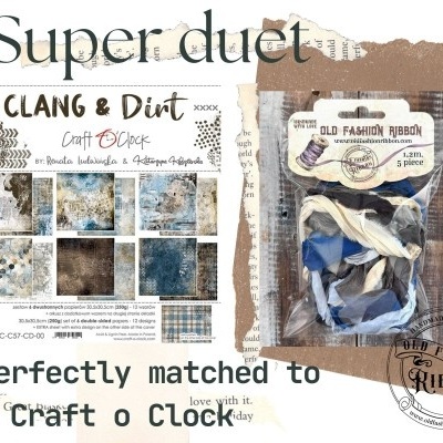 Papel decorativo e fitas para artesanato com padrões em azul, castanho e bege