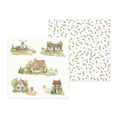 Papéis decorativos com casas de campo e padrão floral.