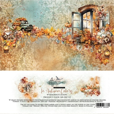 Janela aberta com decoração outonal e camião com abóboras