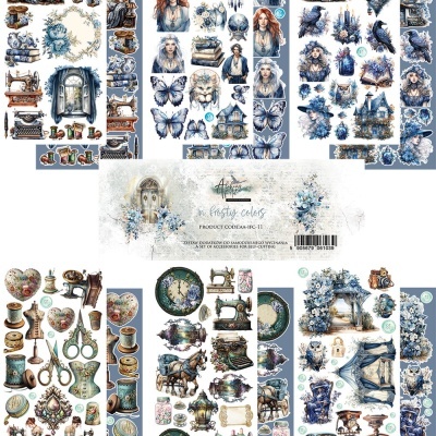 Folhas de recortes com ilustrações detalhadas para artesanato em tons azuis e castanhos.