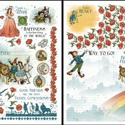 Ilustrações coloridas de O Mágico de Oz com personagens, flores vermelhas e textos inspiradores