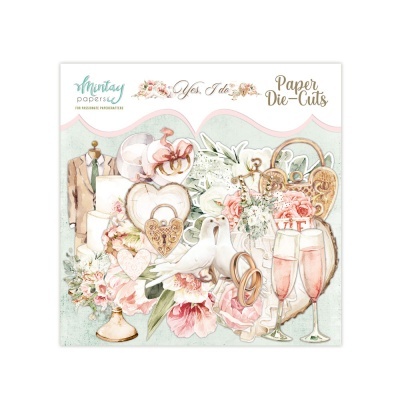 Recortes de papel temáticos para casamento com flores, pombas, alianças e copos de champanhe