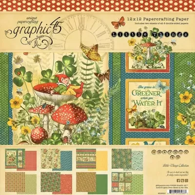 Conjunto de papéis para trabalhos manuais com tema natureza e floresta, incluindo cogumelos, flores e borboletas.