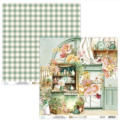 Folhas de papel decorado com padrão xadrez e ilustração de cozinha vintage com flores