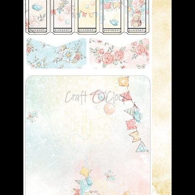 Etiquetas e papéis decorativos com padrões florais e desenhos de pássaros e coelho em tons pastel