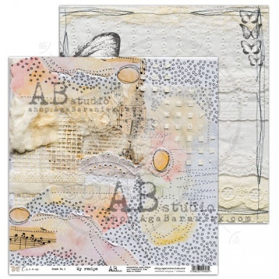 Papel decorativo para scrapbook com design artístico colorido na frente e textura com borboletas no verso