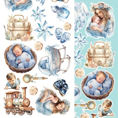 Ilustrações delicadas de maternidade e bebés azul e castanho claro