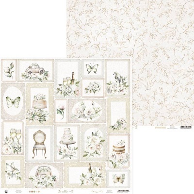 Papel decorativo dupla face floral em tons suaves com elementos vintage e texturas delicadas