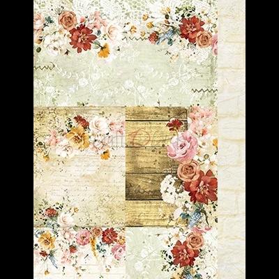 Papel decorativo floral com efeitos de madeira e renda em tons claros