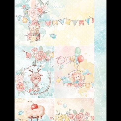 Desenhos infantis em aquarela com animais, flores, balões e texto 'Olha' num fundo azul e amarelo claro.