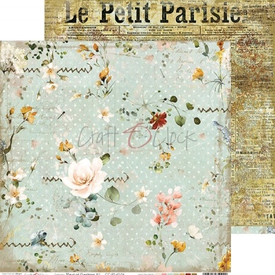 Papel de scrapbooking floral azul claro com texto vintage Le Petit Parisie