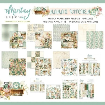 Coleção Nana's Kitchen da Mintay Papers com papéis decorativos em tons pastel e padrões florais e de cozinha