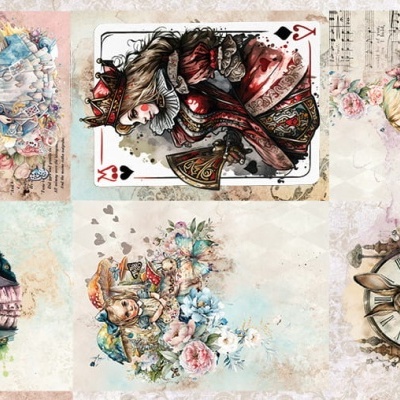 Ilustrações em aquarela de personagens de contos clássicos com fundo pastel