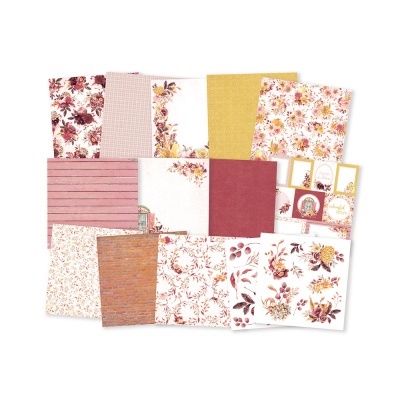Papéis decorativos e etiquetas florais para scrapbooking em tons quentes