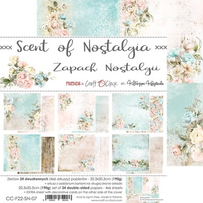 Folhas de papel decorativo floral pastel com texto Scent of Nostalgia