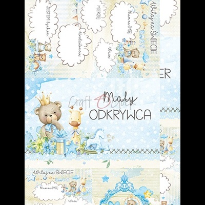 Decoração infantil com ursinho e girafa em azul e bege com textos em polaco