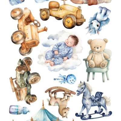 Ilustrações de bebés e brinquedos infantis em tons suaves.